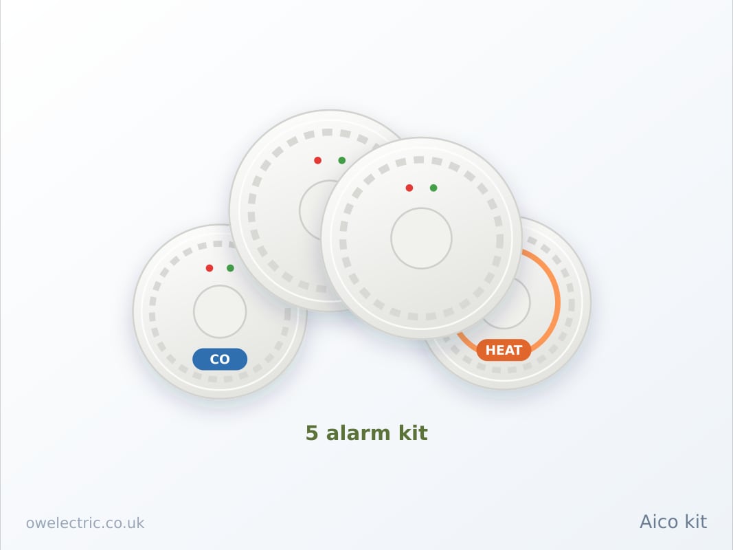 Aico house kit with three Ei3016 smoke alarms, an Ei3014 heat alarm and an Ei3018 CO alarm