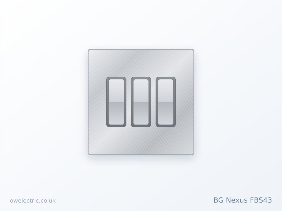 BG Nexus FBS43 3 Gang 2 Way 20A 16AX Light Switch, Screwless Flatplate Brushed Steel (FBS43) sold online by OW Electric London
