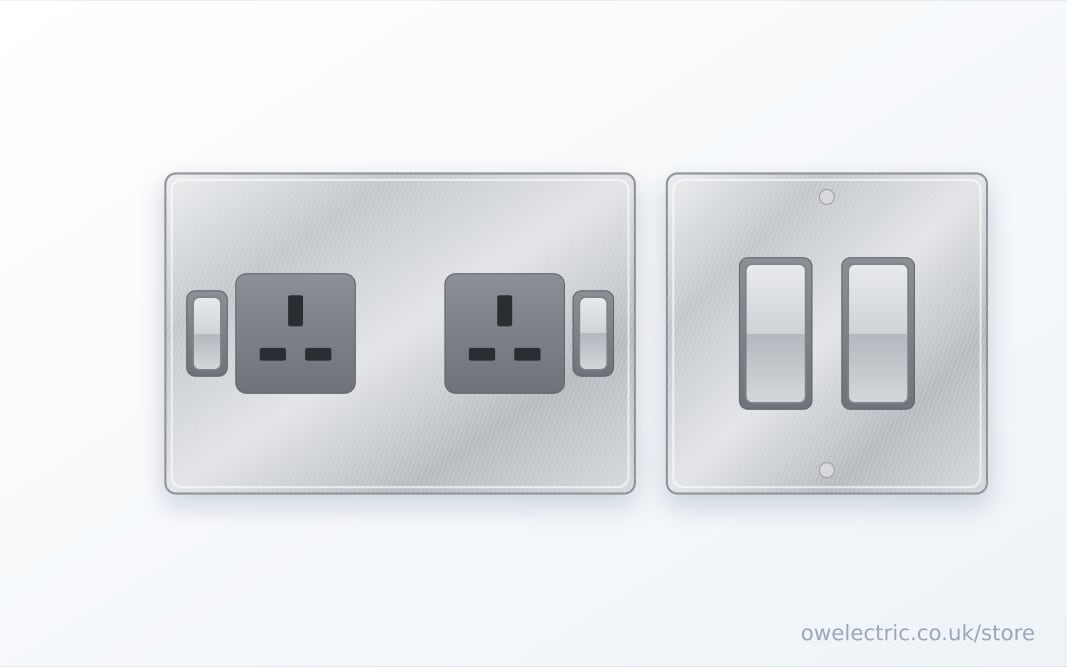 BG Nexus Metal brushed steel double socket and light switch with grey inserts