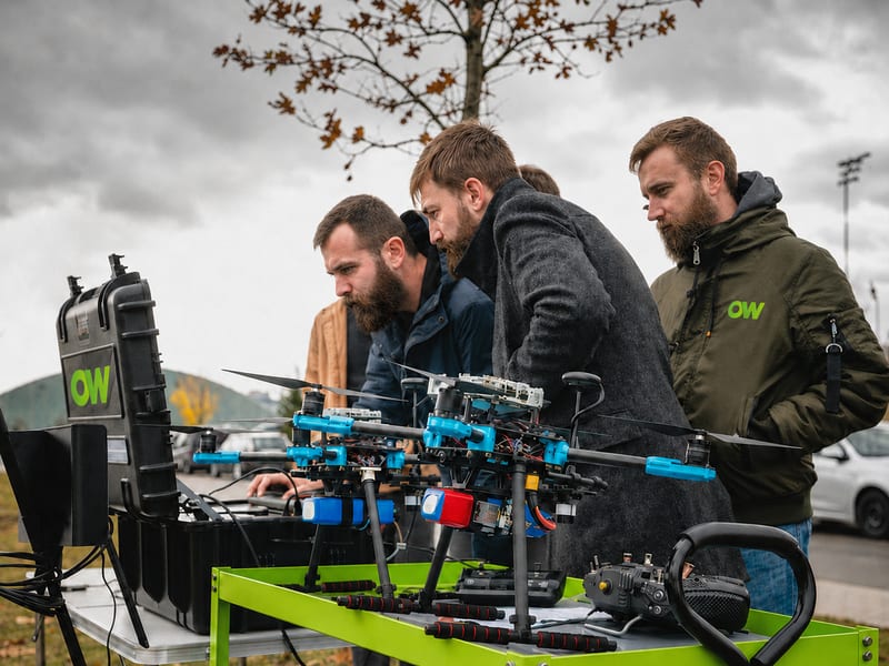 OW engineers field testing ROQUAI R1 open research drones at a ground station